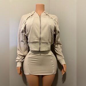 Trendy Fall Cropped Hoodie & Mini Skirt Set | Neutral Beige